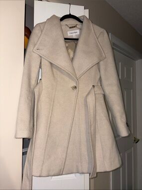 Calvin Klein Women's Sz Small Beige Wool-Blend Trench Coat Pre-owned